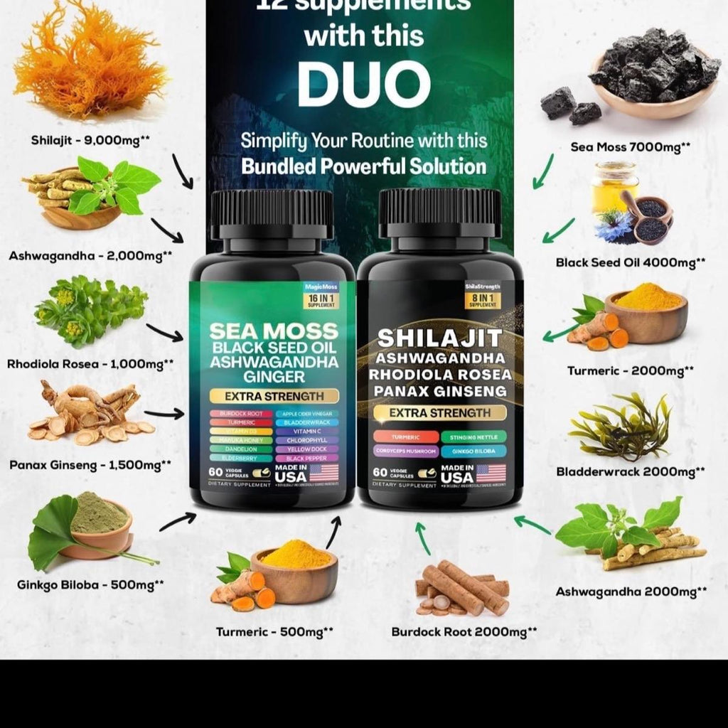 Seamoss Black seed oil Ginger+ Shilajit Ashwagandha root extract (pack of 2) Manuka Honey and Mo16 in 1 Dietary Supplements, 60+ 60  Vegetarian Capsules 4000 mg + 9000 mg Bundle - 2 months supply Edible Fitness Healthcare Natural Vitamin
