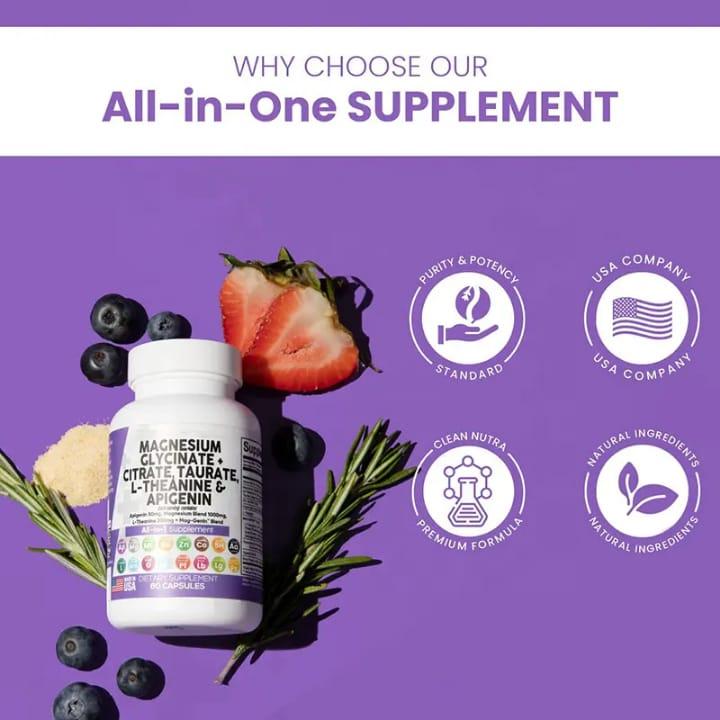Magnesium Glycinate Complex 1000mg with L-Theanine 200mg Apigenin 50mg Citrate Taurate Supplement - 5-HTP GABA Passion Flower Lemon Balm L-Glycine Phosphatidylserine Ashwagandha - 60 Count Healthcare Dietary Fitness