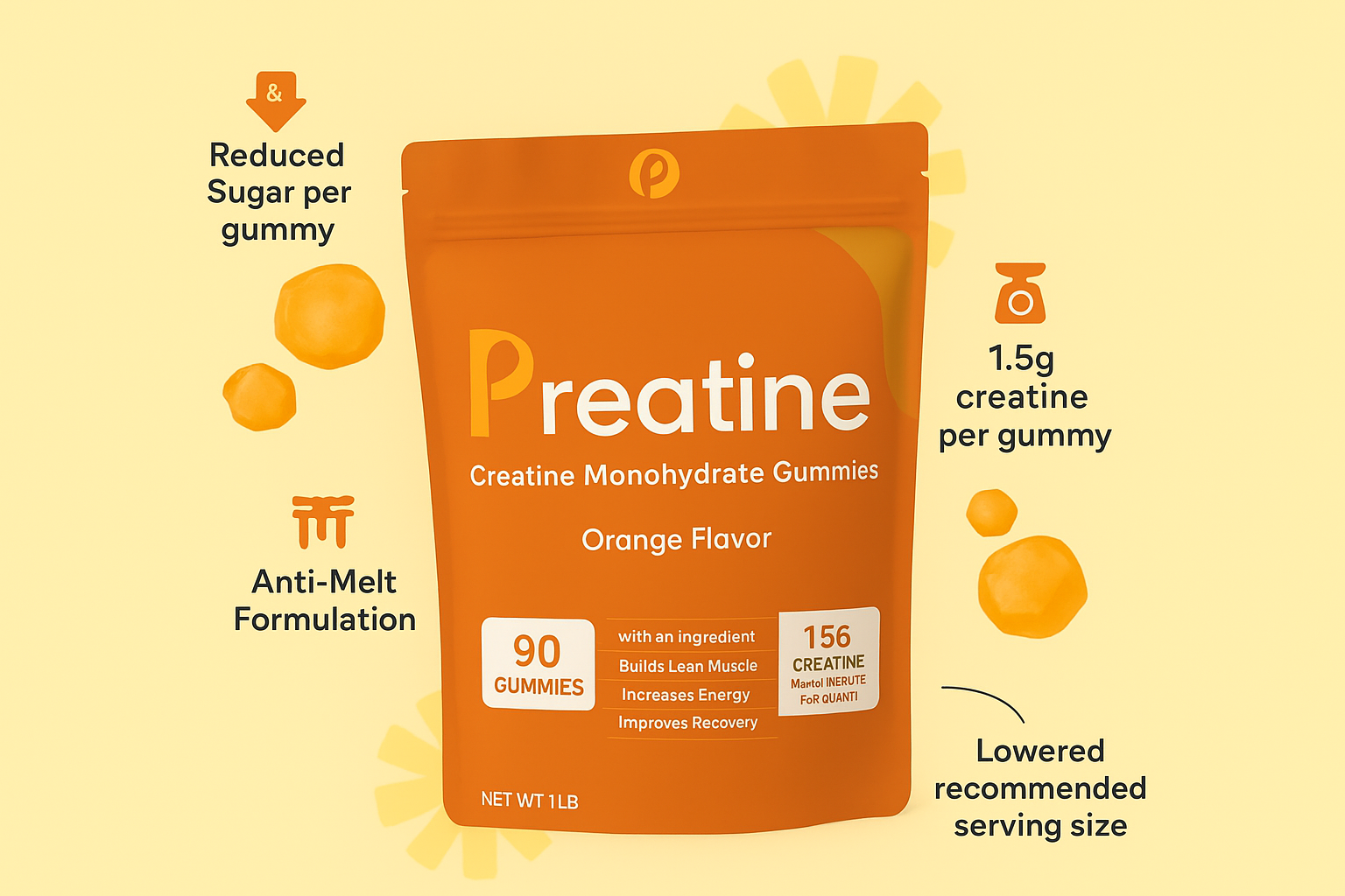 Creatine Gummies – Orange Flavor | Boost Focus, Strength & Energy – 90 Count