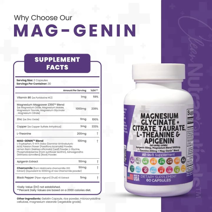 Magnesium Glycinate Complex 1000mg with L-Theanine 200mg Apigenin 50mg Citrate Taurate Supplement - 5-HTP GABA Passion Flower Lemon Balm L-Glycine Phosphatidylserine Ashwagandha - 60 Count Healthcare Dietary Fitness