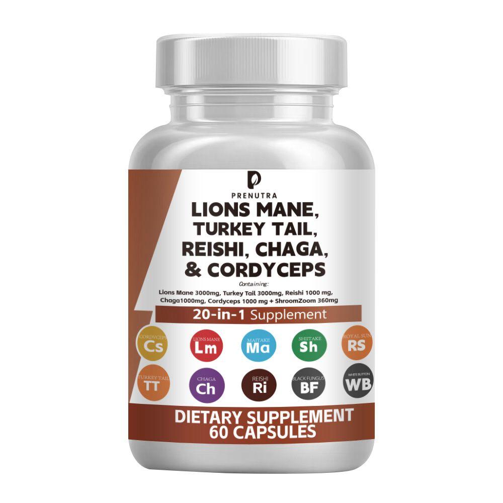 Supplement bottle labeled 'Lions Mane, Turkey Tail, Reishi, Chaga & Cordyceps' on a white background