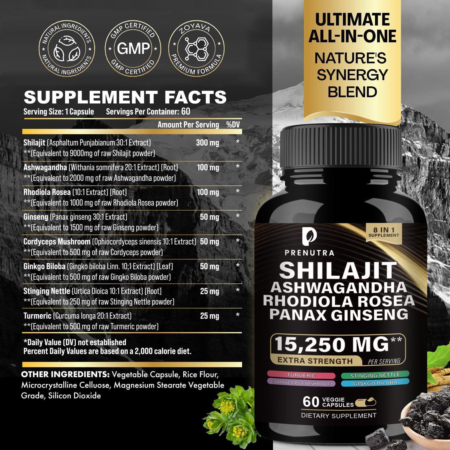Shilajit Ashwagandha Rhodiola Rosea Panax Ginseng – 8-in-1 Complex
