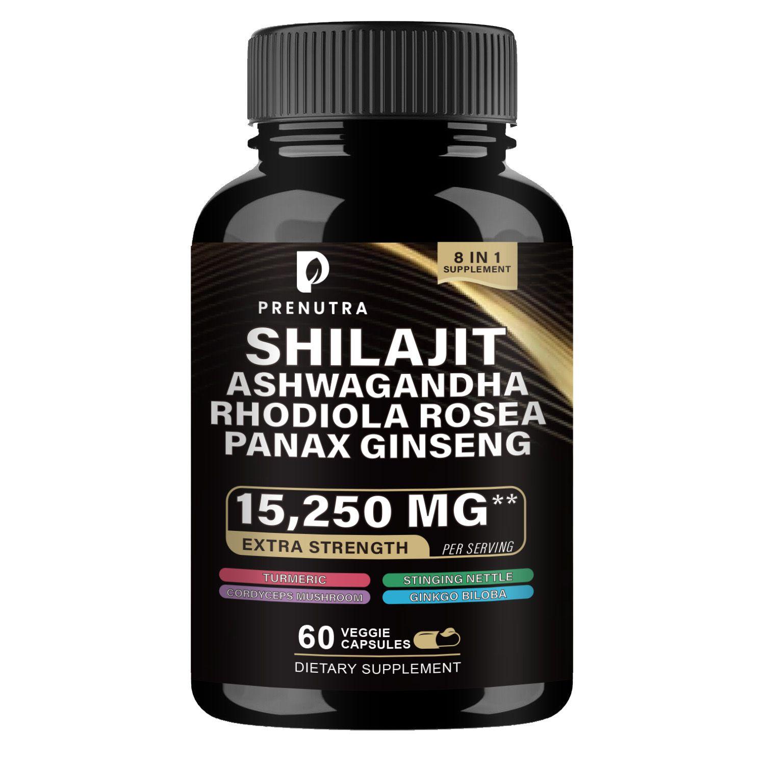 Supplement bottle labeled 'Shilajit' with various ingredients on a white background