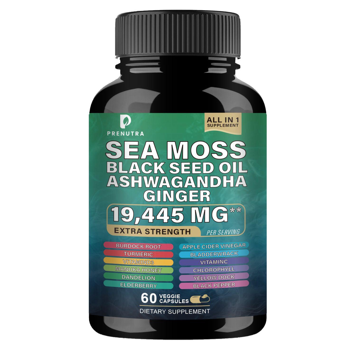 Supplement bottle labeled 'Sea Moss Black Seed Oil Ashwagandha Ginger' with Prenutra branding on a white background.