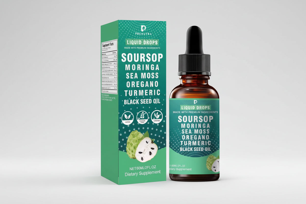 Bottle and box of Soursop Moringa Sea Moss Organic Tonic on a white background