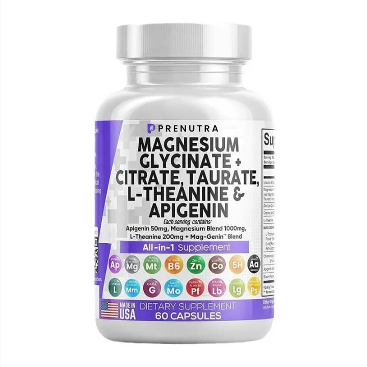 Magnesium Glycinate Complex 1000mg with L-Theanine 200mg Apigenin 50mg Citrate Taurate Supplement - 5-HTP GABA Passion Flower Lemon Balm L-Glycine Phosphatidylserine Ashwagandha - 60 Count Healthcare Dietary Fitness