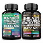 Seamoss Black seed oil Ginger+ Shilajit Ashwagandha root extract (pack of 2) Manuka Honey and Mo16 in 1 Dietary Supplements, 60+ 60  Vegetarian Capsules 4000 mg + 9000 mg Bundle - 2 months supply Edible Fitness Healthcare Natural Vitamin