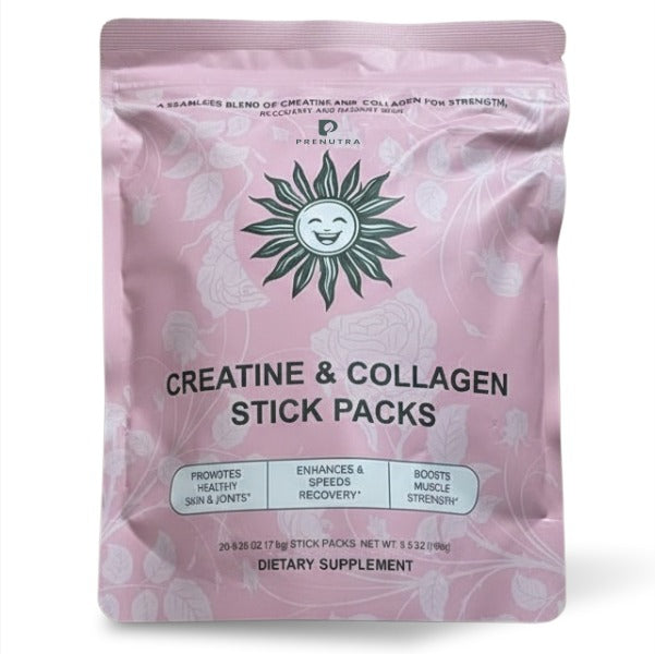 Pink package of creatine and collagen stick packs with a logo on a white background