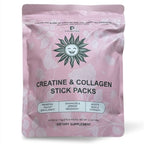 Pink package of creatine and collagen stick packs with a logo on a white background