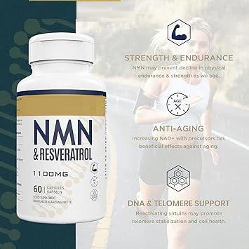 Pure NMN 500mg Capsules with Resveratrol and Black Pepper Extract for Anti-Aging and Cell Repair Support - Dietary, Healthcare