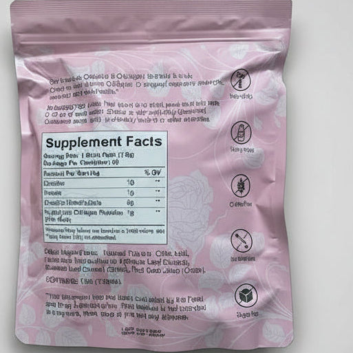 Supplement package with 'Supplement Facts' label on a pink floral background