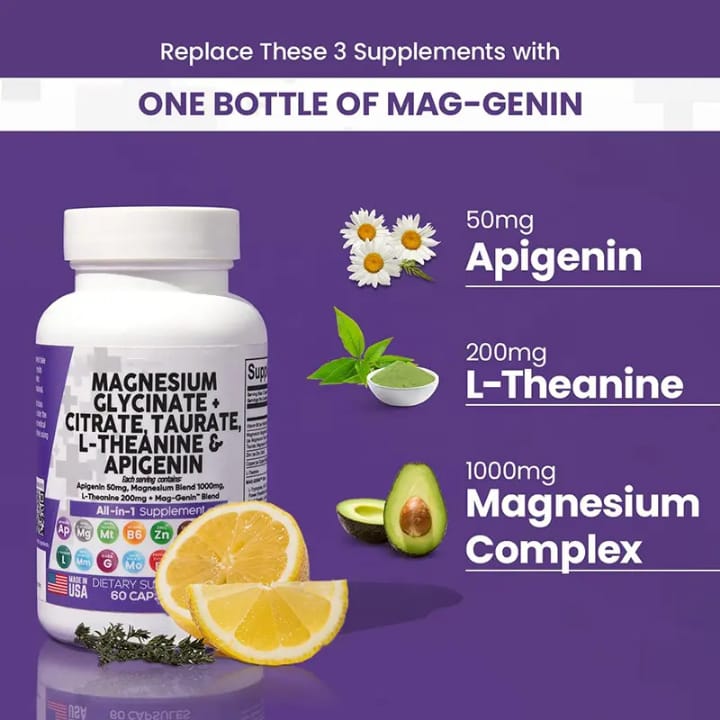 Magnesium Glycinate Complex 1000mg with L-Theanine 200mg Apigenin 50mg Citrate Taurate Supplement - 5-HTP GABA Passion Flower Lemon Balm L-Glycine Phosphatidylserine Ashwagandha - 60 Count Healthcare Dietary Fitness